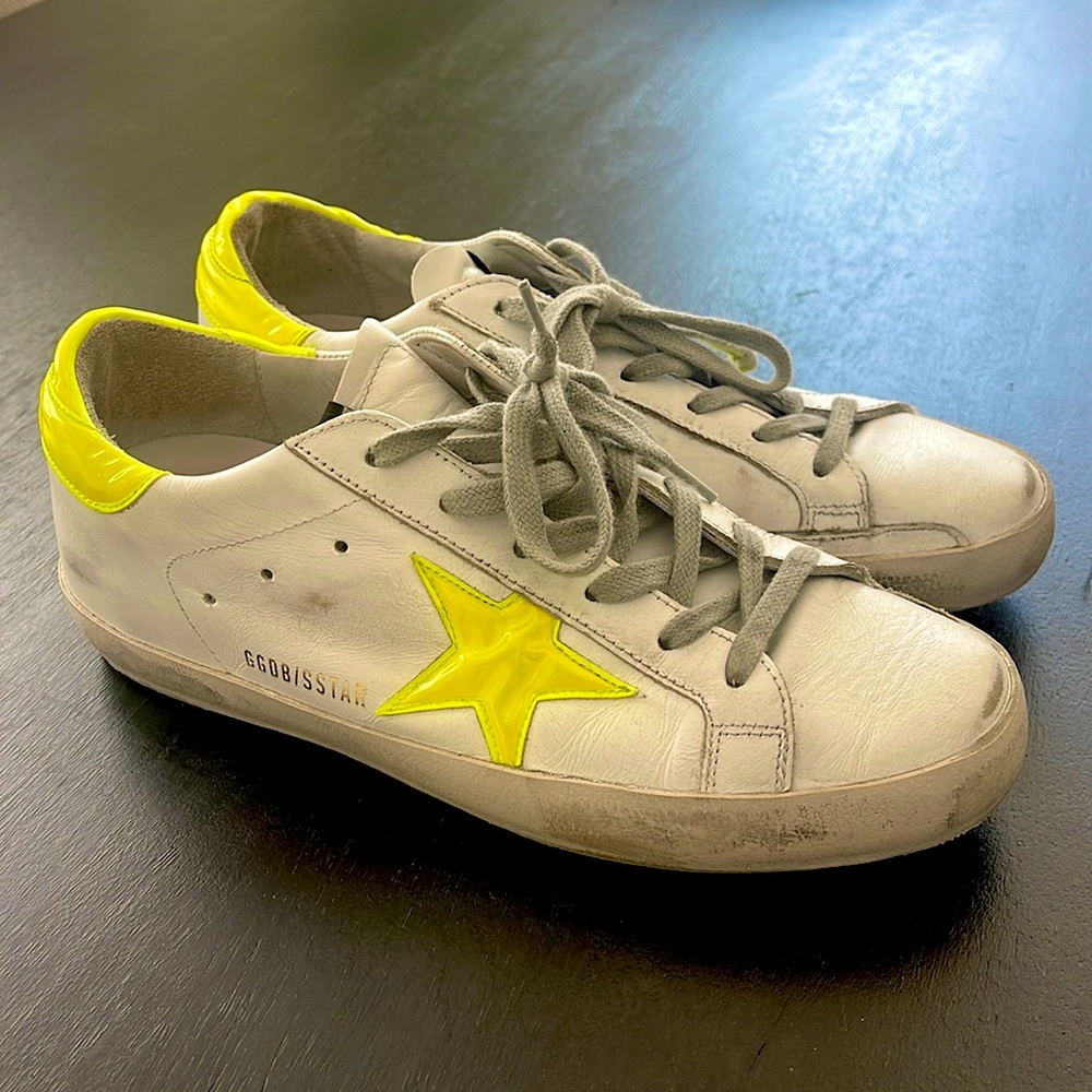 Golden Goose White Superstar Neon Yellow Star Sneakers